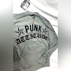 BLAC LABEL punk attitude mens Xl jacket in grey with black letters and studded